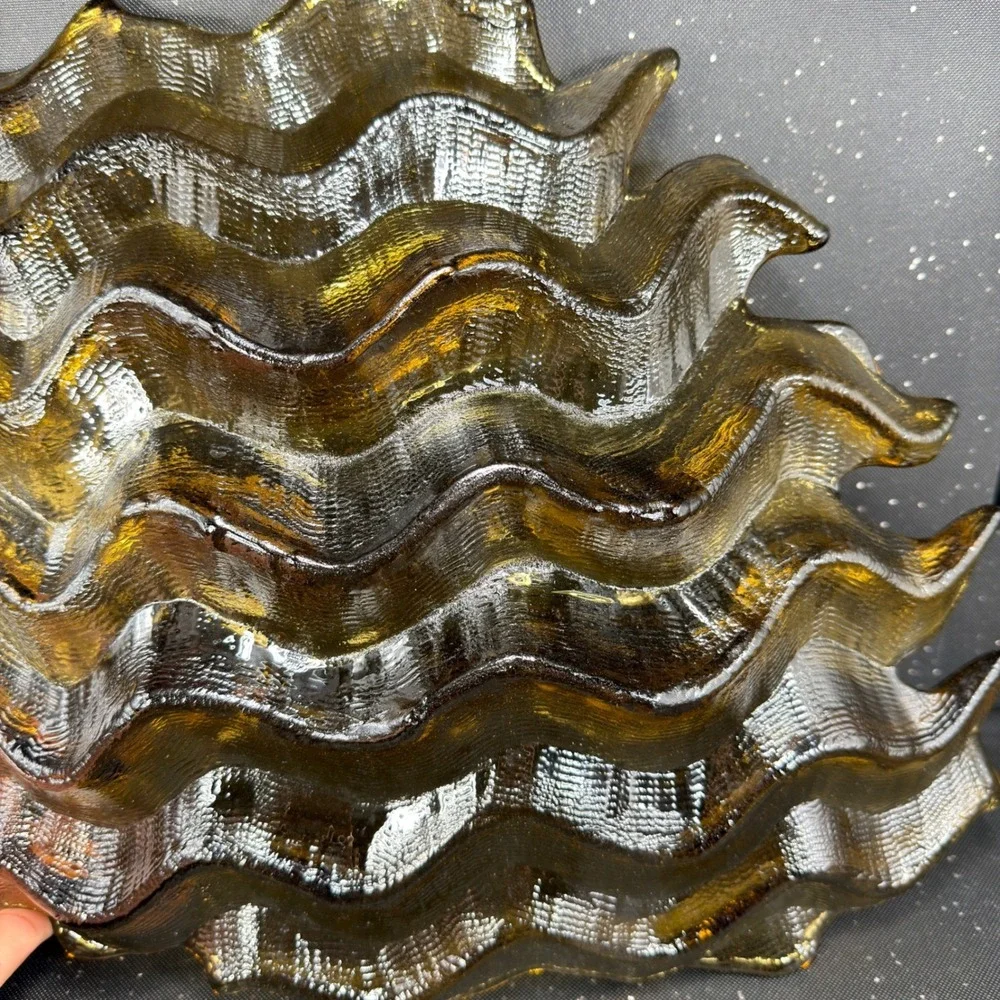 Hudson Beach Amber Gold Textured Wavy Art Glass Centerpiece Bowl 13in Blown